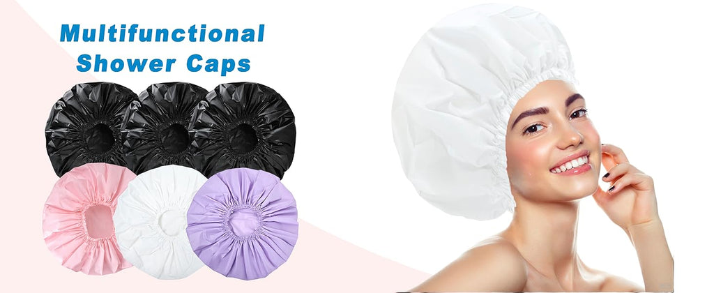 Shower Cap for Women, Double Layer Waterproof Bath Cap, Reusable Hair Protector, Large Waterproof Shower Bonnet Washable Elastic Band Bath Hair Hat for Long Hair, Braids， - Pink