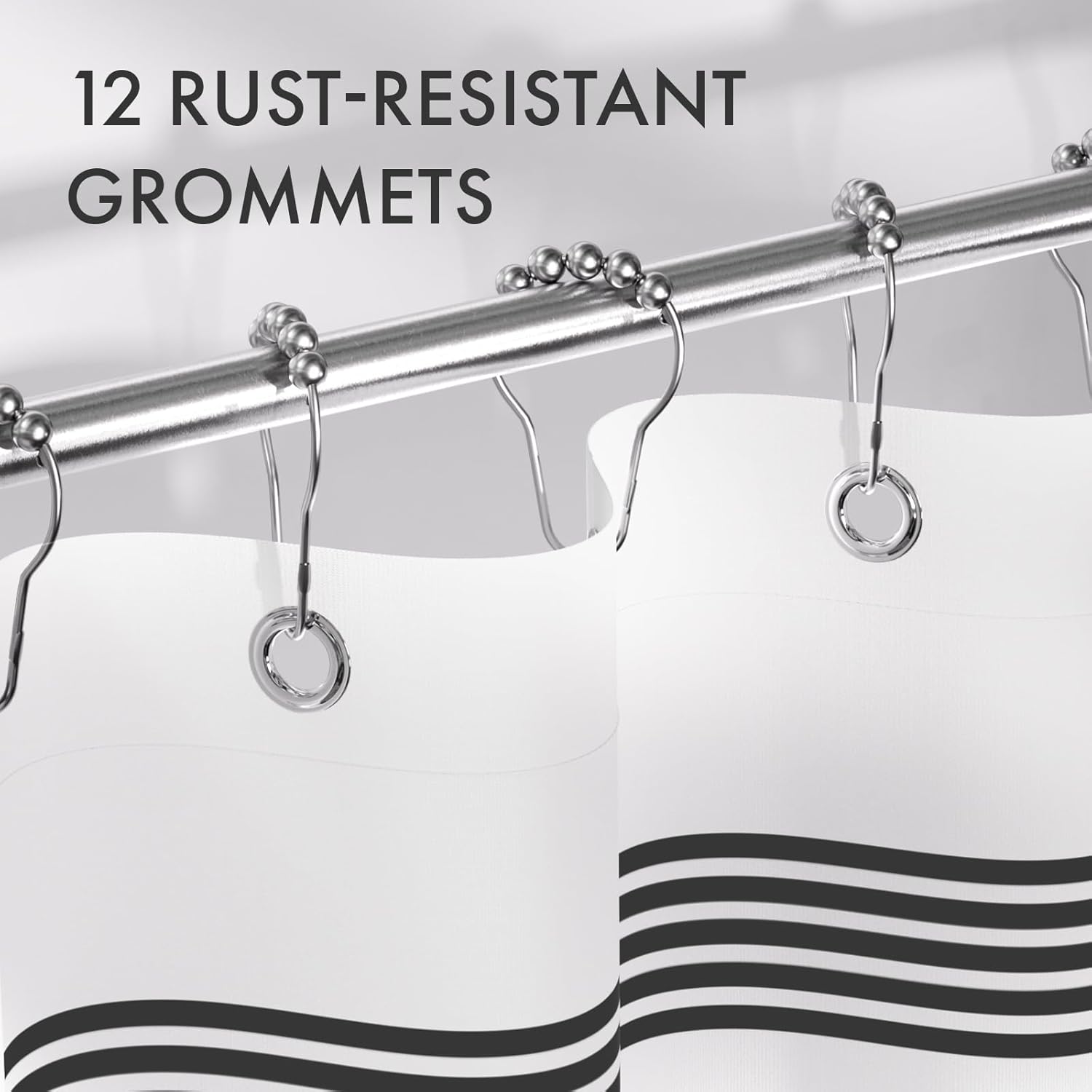 Shower Curtain, Washable Cloth Black Shower Curtain Sets with 12 Shower Curtain Hooks, Fabric Rustic Black and White Striped Curtain, Farmhouse Bathroom Curtains, 72x72 Inches