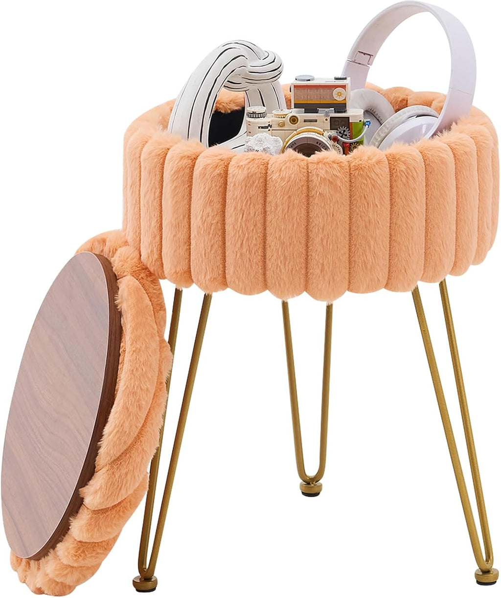 Vanity Stool with Storage, Faux Fur Ottoman Chair with Metal Legs, Round Makeup Vanity Chair for Bedroom or Dressing Table, Modern Small Ottoman Seat (Pink)