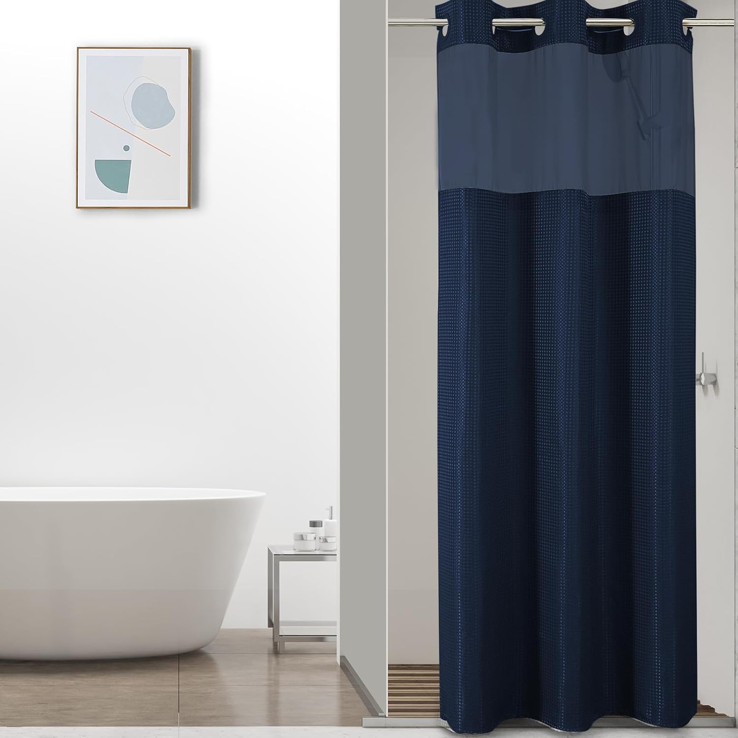 No Hook Waffle Shower Curtain with Snap in Fabric, Waterproof Shower Curtains with See Through Top Window, Hotel Luxury Heavy Duty Bathroom Curtain and Liner Set, 72'' x 75'', Black