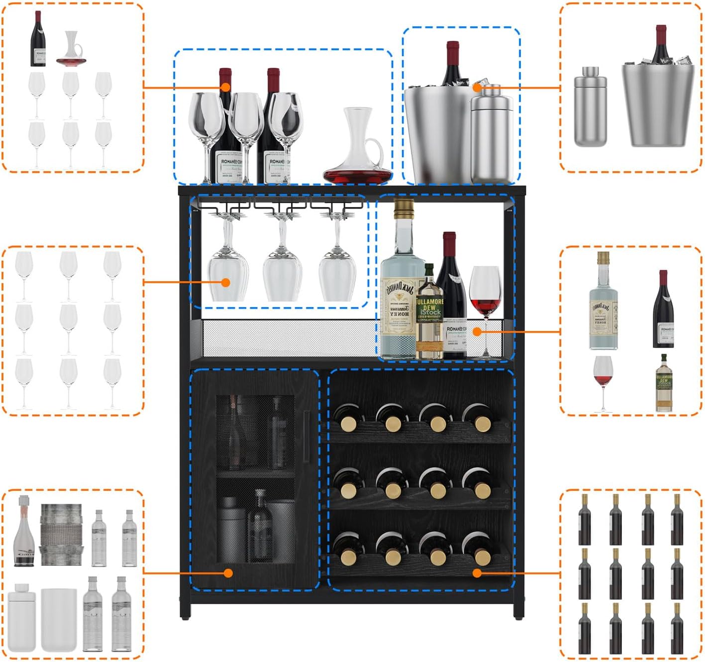 GAOMON Coffee Wine Bar Cabinet with Storage and Detachable Rack, Farmhouse Sideboard and Buffet Cabinet with Glass Holder and Mesh Door, Liquor Coffee Bar Cupboard, Black