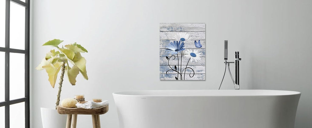 Farmhouse Floral Wall Art for Living Room, Blue and White Daisy Flower and Butterfly on Rustic Wood Board Canvas Wall Art Framed Artwork Ready to Hang for Bathroom Bedroom Decor, 16L X 12W