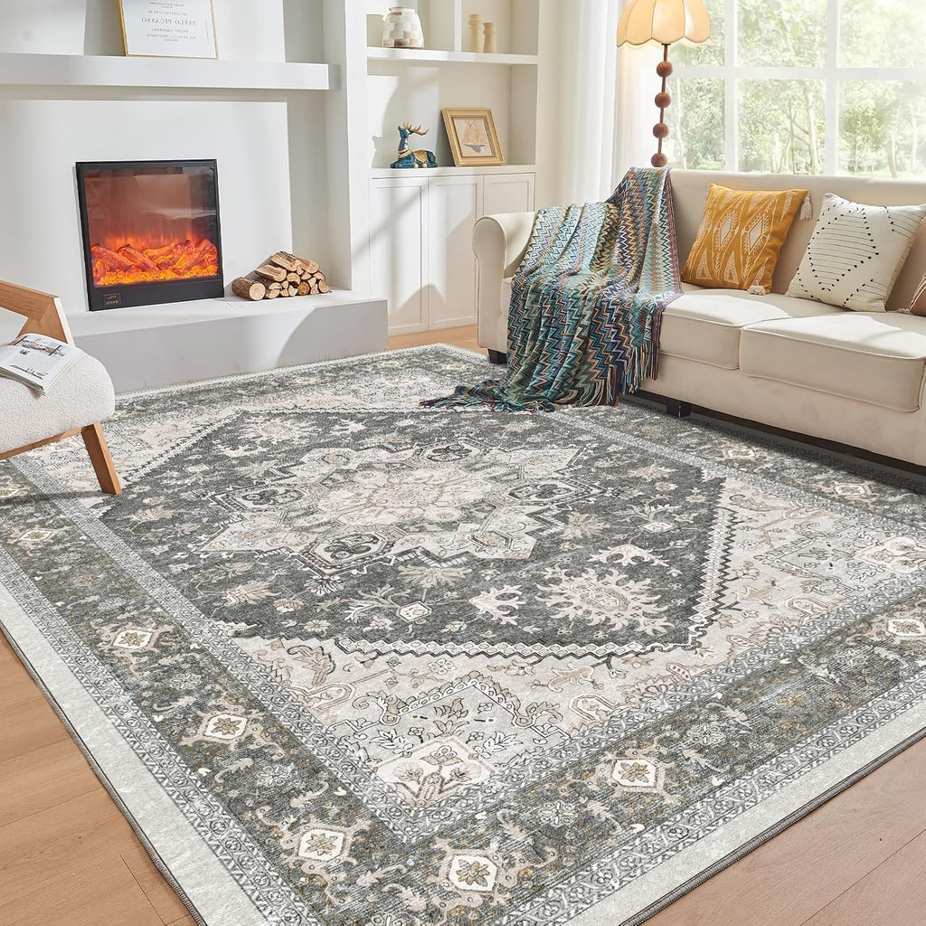 Soft Area Rugs 5x7, 5x7 Washable Rug with Non Slip Backing, 5 x 7 Faux Cashmere Low-Pile Carpet, Navy Blue & Gold