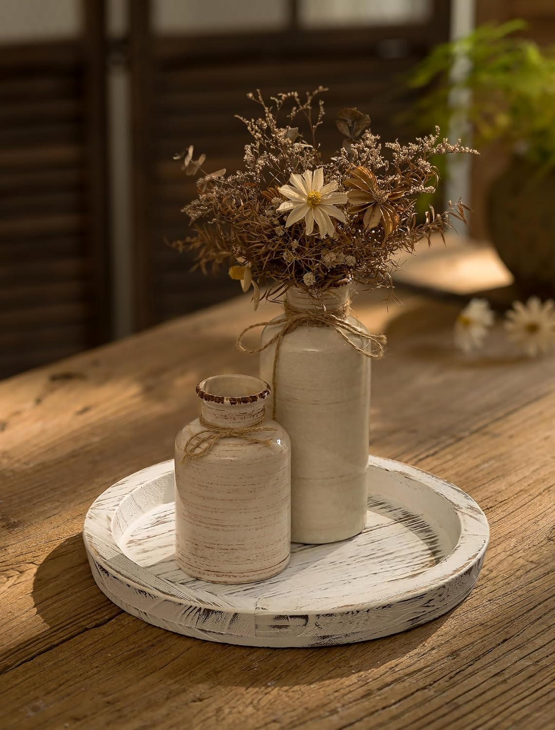 Candle Plate Holder Tray: Round White Wood Decorative Tray Decor - Rustic Farmhouse CoffeeTable Decor - Tealight Pillar Trays for Home Decor