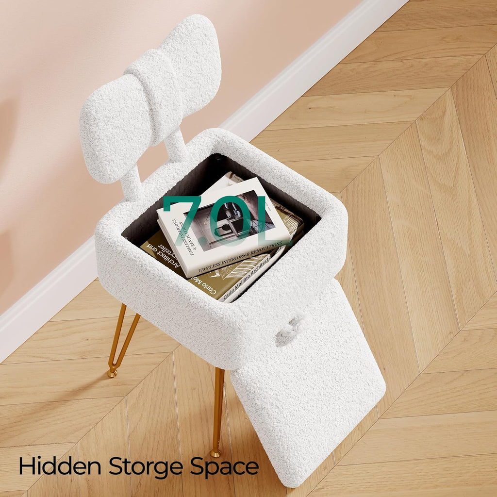 Small Vanity Chair with Storage and Folding Back, 14.2" D x 12.6" W x 28.3" H Soft Storage Ottoman, Footrest Stool, Teddy Fleece Vanity Stool for Makeup, Bedroom, Living Room, White