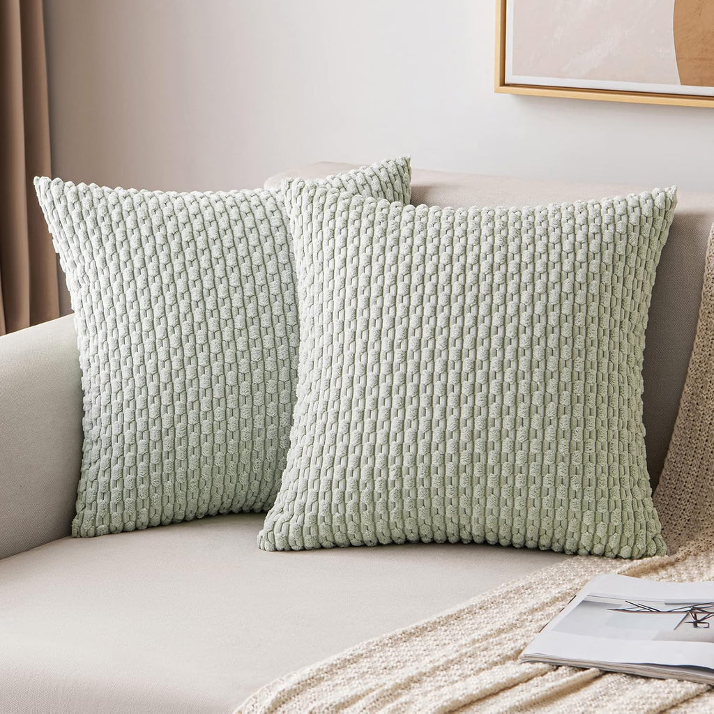 MIULEE Pack of 2 Decorative Throw Pillow Covers 18x18 Inch Soft Boho Striped Textured Corduroy Pillow Covers Spring Modern Farmhouse Home Decor for Couch Bed Sofa Living Room Sage Green