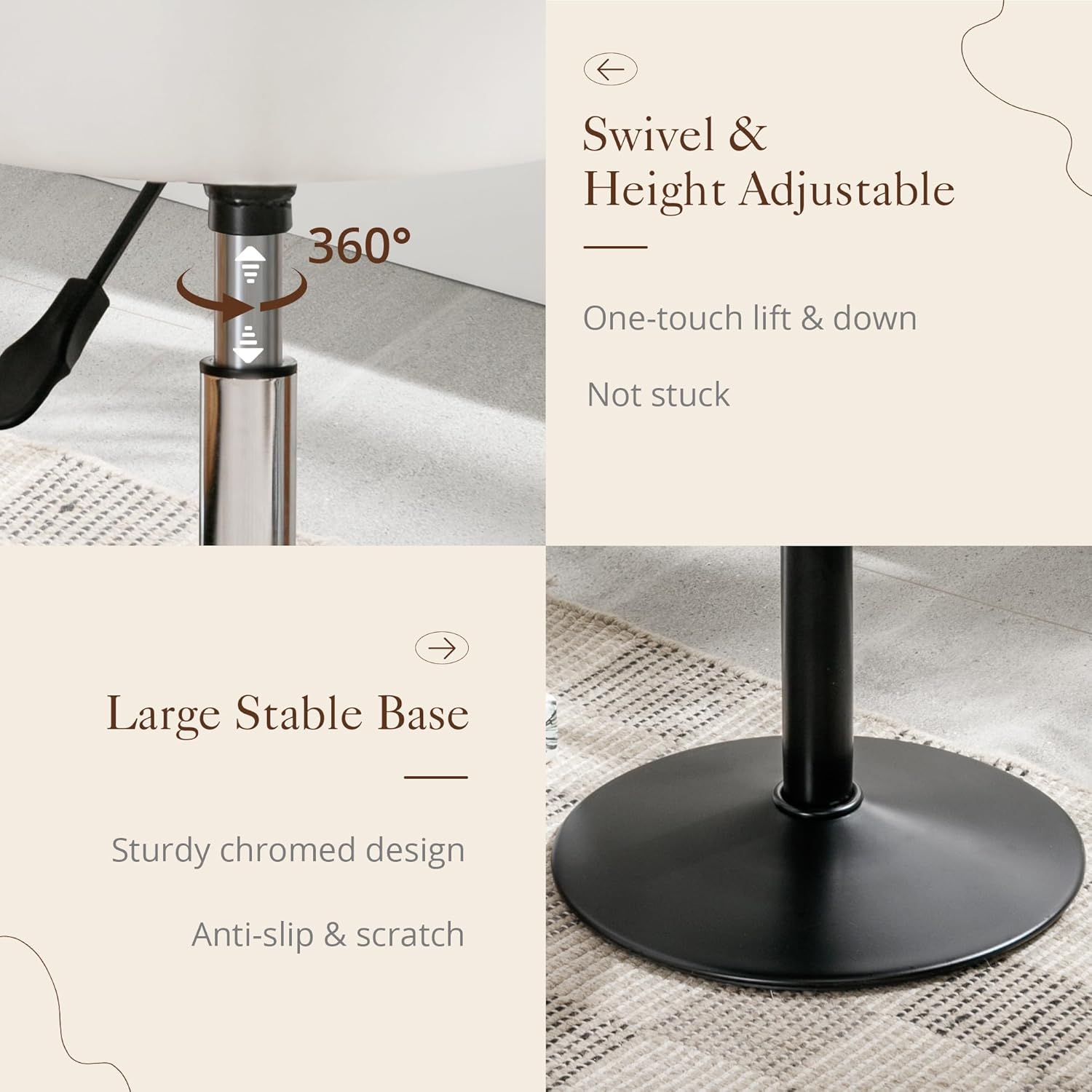 Adjustable Vanity Stool, 360 Swivel Chair for Makeup Room, White Faux Leather Stool for Bathroom & Living Room