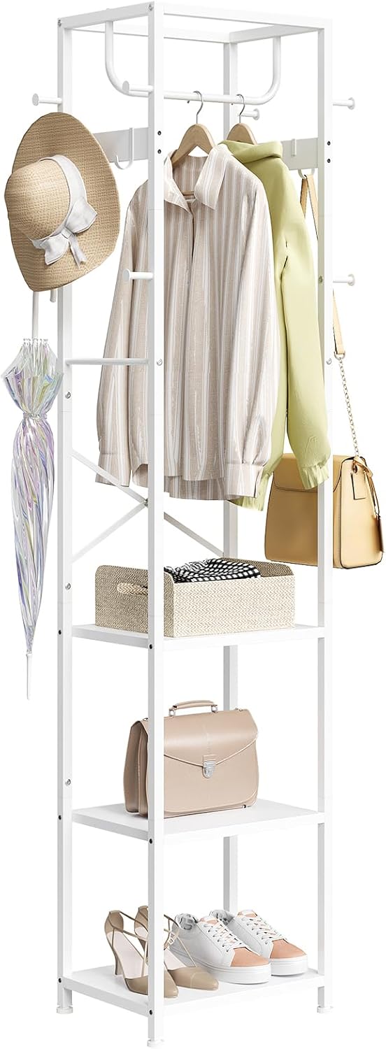 Coat Rack Freestanding, Hall Tree with 3 Storage Shelves and 12 Hooks, Industrial Clothes Rack Stand Organizer for Bedroom, Hallway, Entryway, Office, Living Room, Rustic Brown