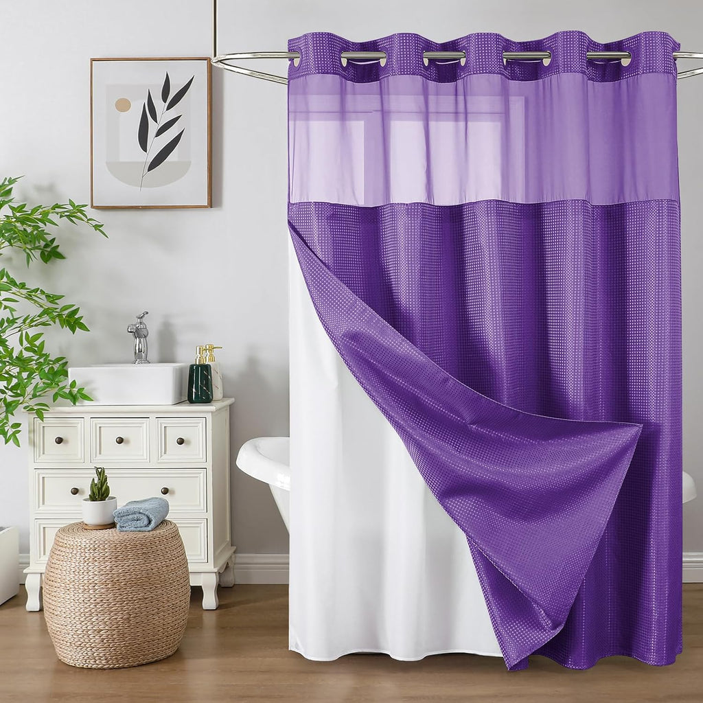 No Hook Waffle Shower Curtain with Snap in Fabric, Waterproof Shower Curtains with See Through Top Window, Hotel Luxury Heavy Duty Bathroom Curtain and Liner Set, 72'' x 75'', Black